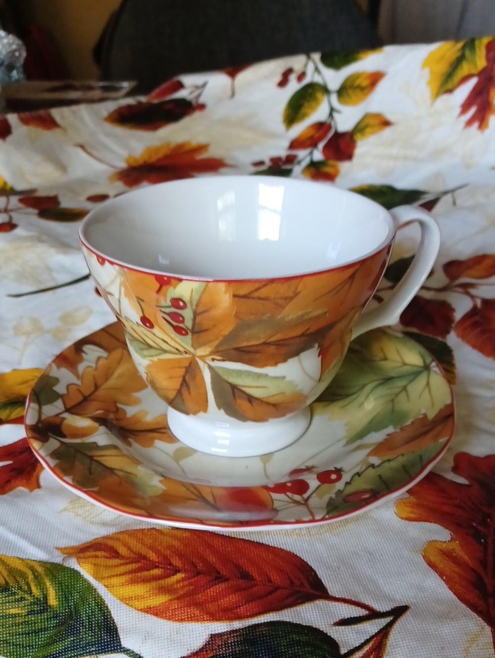 222 Fifth Porcelain Teacup and Saucer in Autumn Leaf Brown and White